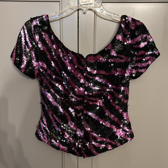 VINTAGE ZOLA EVENING 100% SILK PINK AND BLACK ZEBRA SEQUIN TOP SM. 80’s y2k - Picture 3 of 4